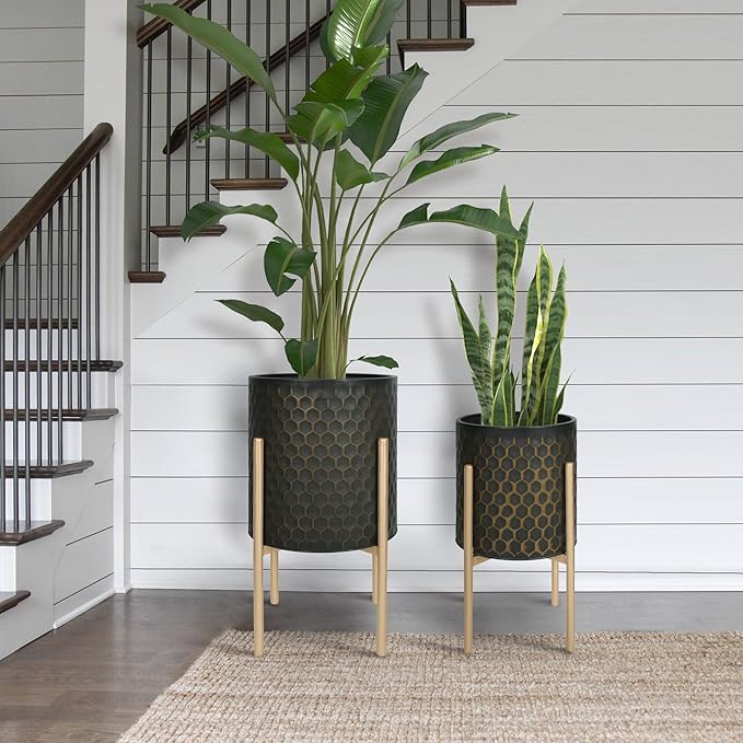 Oakrain Mid Century Planters for Indoor Plants, Set of 2, Modern Decorative Metal Pots for Living Room, Office, Garden or Balcony, Black&Golden Honeycomb, 10inch&12inch