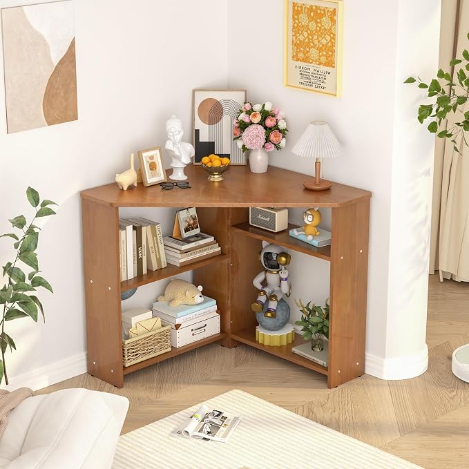 31.5” Small Corner Desk with Storage - L Shaped Desks with Storage, Solid Wood Desk with Shelves, Corner Computer Desk for Small Spaces, Writing Desk for Bedroom&Home Office - Walnut