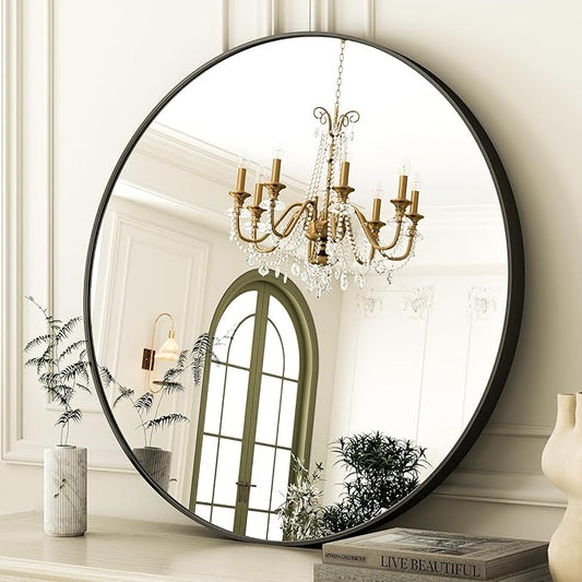 30 Inch Round Bathroom Mirror - Black Wall Mounted Circle Mirror with Metal Frame, Modern Round Hanging Mirror Suitable for Bathroom, Vanity, Entryway, Living Room