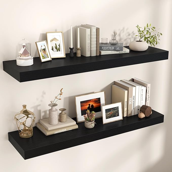 Floating Shelves for Wall, 48" W x 12" D x 2" H, 2 Pack of Long Wall Mounted Engineered Wood Shelves with Invisible Brackets for Living Room, Bedroom, Bathroom, Kitchen Decor, Black