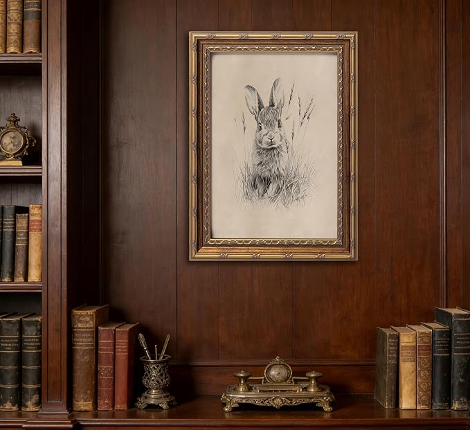 Vintage Gold Framed Easter Bunny Canvas Wall Art Vintage Rabbit Wall Decor Spring Farmhouse Animal Sketch Print Artwork Sketch Rabbit painting Picture for Farmhouse Bedroom Living Room 16X24in