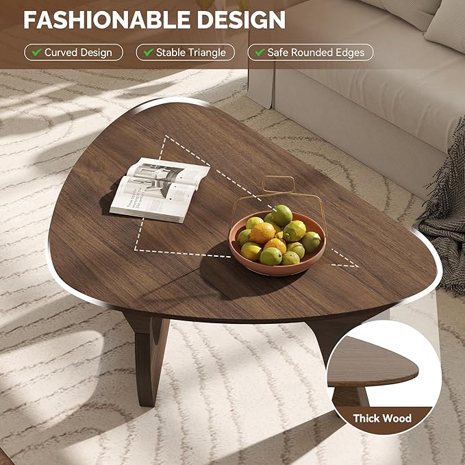 Modern Wood Coffee Table, Triangle Center Table with Premium Wooden Top& Unique Base, 42.5” Small Mid Century Tea Tables for Living Room, Apartment, Office,Walnut