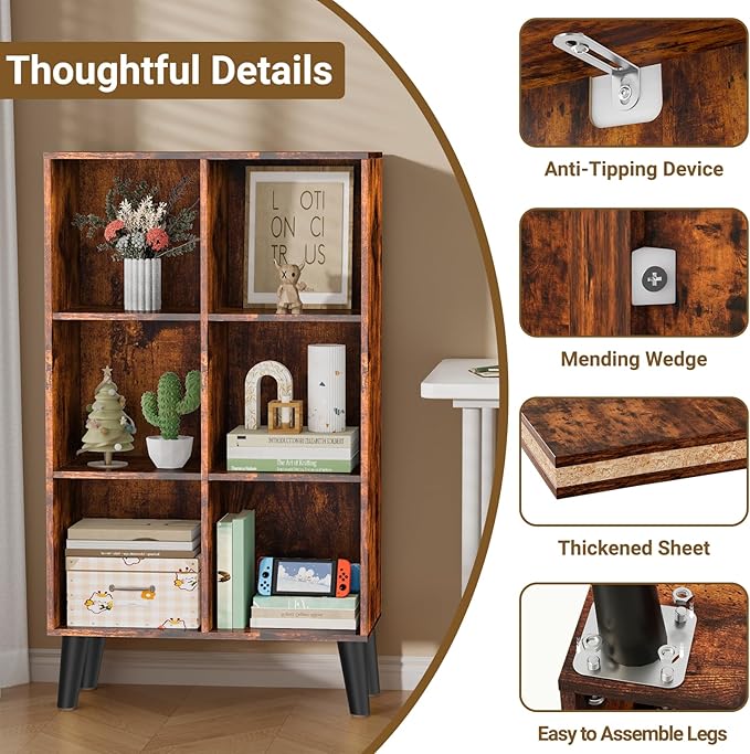 6 Cube Storage Organizer with Legs, 3 Tier Cube Low Bookcase Freestanding Storage Display Organizer for Home Office, Six-Cubes Open Shelf Bookshelf (Retro Brown, 6 Cube Vertical)