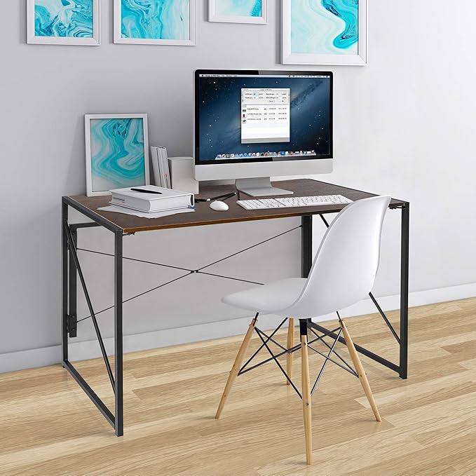 SUPER DEAL 40 inch Folding Computer Writing Desk Wood and Metal Study Desk, PC Laptop Home Office Study Table, Espresso