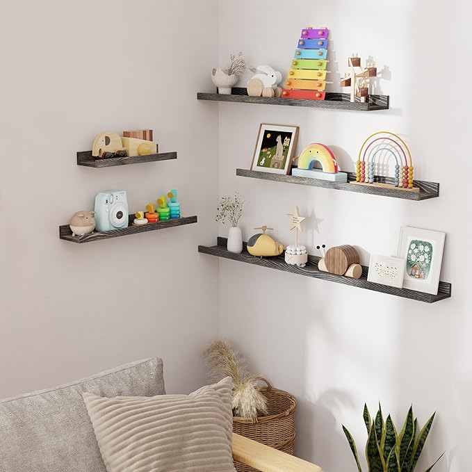 Vivelove Picture Ledge Shelf, Solid Pine Wood Rustic Floating Shelves for Wall, 48 Inch Long Floating Shelves with Lip for Bedroom Kitchen Living Room Nursery Display, Set of 2 (Grey)