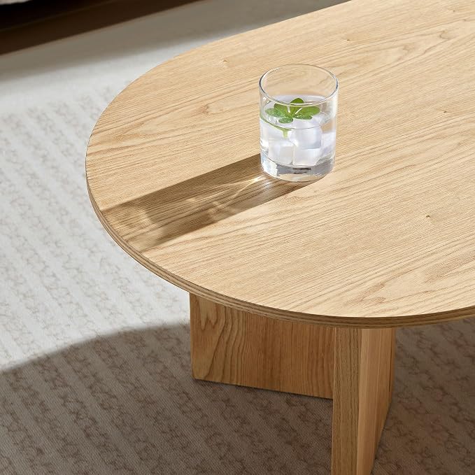 SSLine Mid-Century 39.37" Oval Coffee Table with Pedestal Base Natural Brown Wood Grain Top Cocktail Center Table for Living Room Bedroom