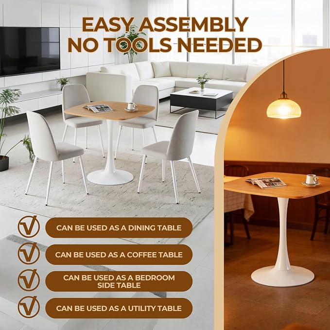 31.5 Inch White and Oak Square Dining Table for 2-4 Person,Mid-Century Oak Tulip Table Kitchen Dining Table with MDF Tabletop and Pedestal Base for Home Kitchen