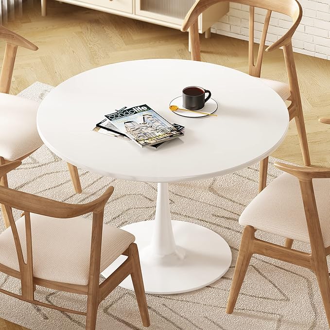 DKLGG White Round Dining Table, 31.5" Tulip Kitchen Dining Table for 2-4 People with MDF Table Top & Pedestal Base, Modern Minimalist Design