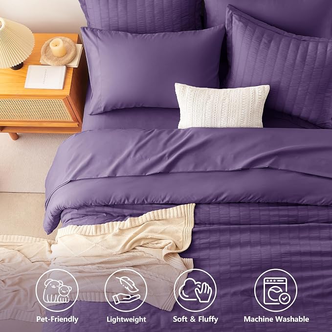 CozyLux Queen Comforter Set Purple, 7 Pieces Seersucker Textured Luxury Bed in a Bag Queen, All Seasons Soft Bedding Sets with Down Alternative Comforter, Sheets, Pillowcases & Shams, Home Gift
