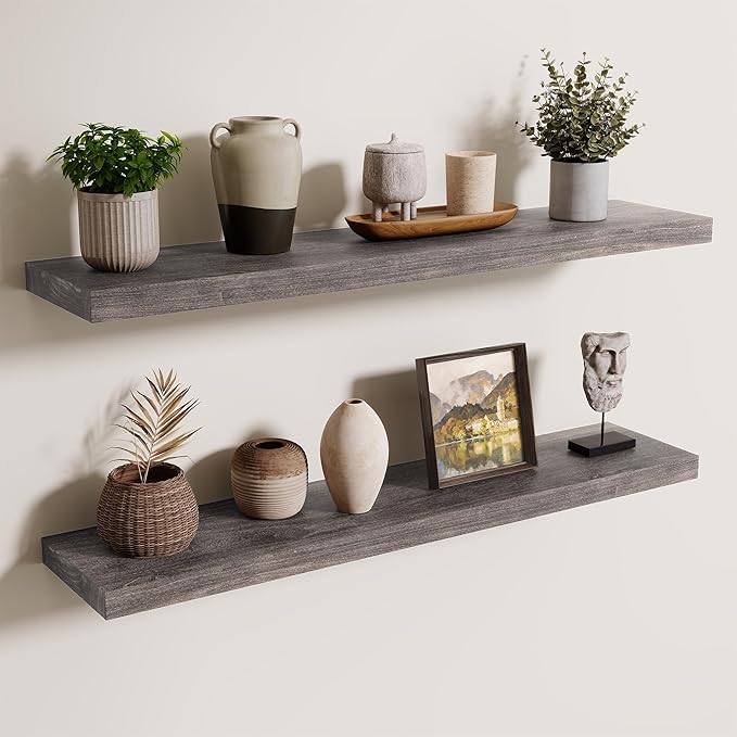 Axeman Floating Shelves for Wall, 8 Inch Deep Rustic Solid Elm Wood Wall Shelves for Storage, Wall Mounted Display Shelving with Invisible Heavy-Duty Metal Bracket, 36'' Width Set of 2, Grey