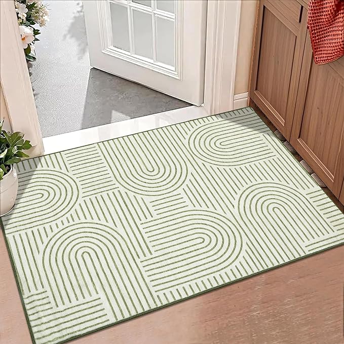 Washable Rug 2x3 Area Rugs for Entryway, Abstract Rug for Bedroom, Soft Rainbow Non Slip Small Area Rug with Rubber Back, Low Pile Stain Resistant Boho Geometric Carpet for Dining Room, Green
