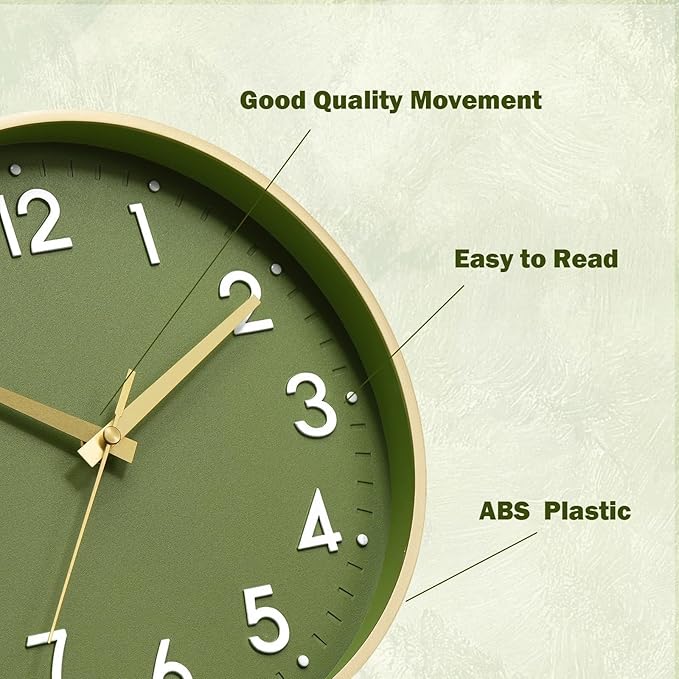 Mosewa Wall Clock 12 Inch, Battery Operated Non-Ticking Analog Clock Decorative for Kitchen, Bedroom, Office, Home(Gold)