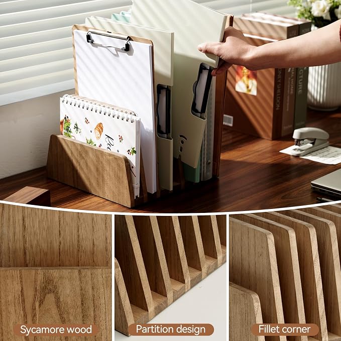 KIRIGEN Wooden Desk Mail Organizer, 7-Slot File Holder and Letter Sorter Wood Document Hlder for Mail, Folders, Bills, Papers, Home Office, Classroom, Countertop, No Assembly Brown 7KWJJ-DBR