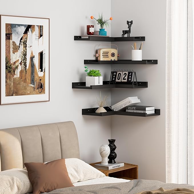 4-Tier L-Shaped Pine Wood Wall Shelf - Floating Corner Shelves with Lip, Black, Modern, Living Room, Bedroom, Bathroom Storage