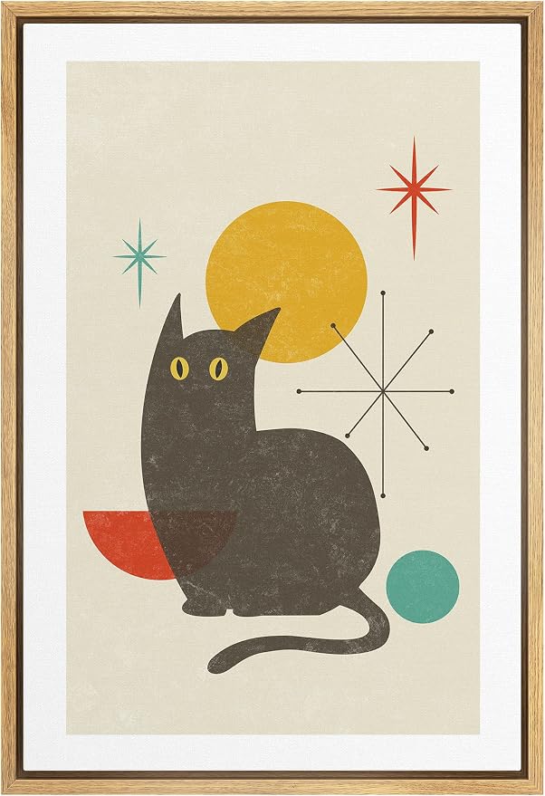 Woodrose Framed Canvas Print Wall Art Retro Vintage Geometric Black Cat Animals Shapes Illustrations Modern Minimalist Chic Relax/Calm Multicolor for Living Room, Bedroom, Office - 16"x24" Natural