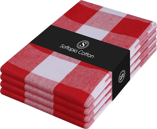 Red Buffalo Plaid Checked Dish Towels 4 Pack, 100% Cotton, 16x26 Inches, Super Absorbent, Quick Drying, Soft, Lint-Free, Durable Tea & Bar Towels with Hanging Loop, Grey and White