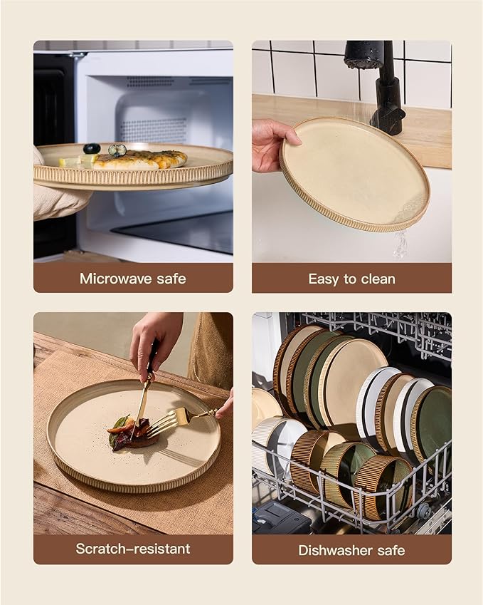 24-Piece Dinnerware Set Service for 8, Famiware Premium Stoneware Dish Set with Ribbed Plates and Deep Bowls, Double Reactive Glaze, Chip & Scratch Resistant, Microwave & Dishwasher Safe, Cream