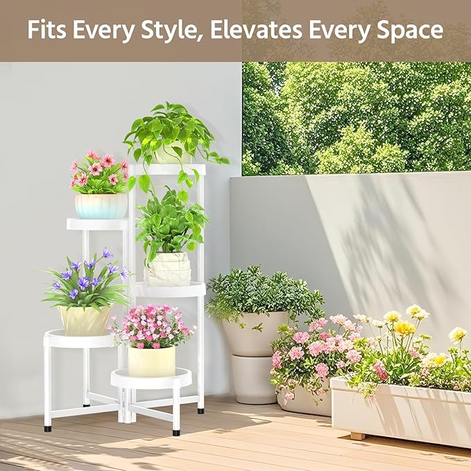LASZOLA 5 Tiered Plant Stand Indoor Outdoor with Plastic Tray, Corner Folding Tall Flower Display Rack, Modern Plant Holder Shelf for Outdoor Patio Porch Garden Office Living Room, White