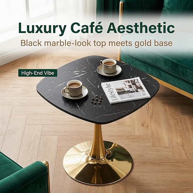 24 Inch Square Tulip Bistro Table for 2-4, Small Dining Table with Gold Metal Pedestal Base, Black Faux Marble Top Kitchen Table, Modern Square Cafe Table for Apartment Living Room Office Small Space