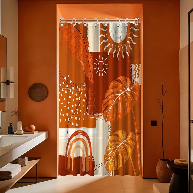 Small Stall Narrow Shower Curtain Burnt Orange Stand Up Mid Century Modern Leaf Shower Curtains for Rv Camper Bathroom Decor Sets, Waterproof Cloth Fabric with Hooks, 36 x 72 Inch
