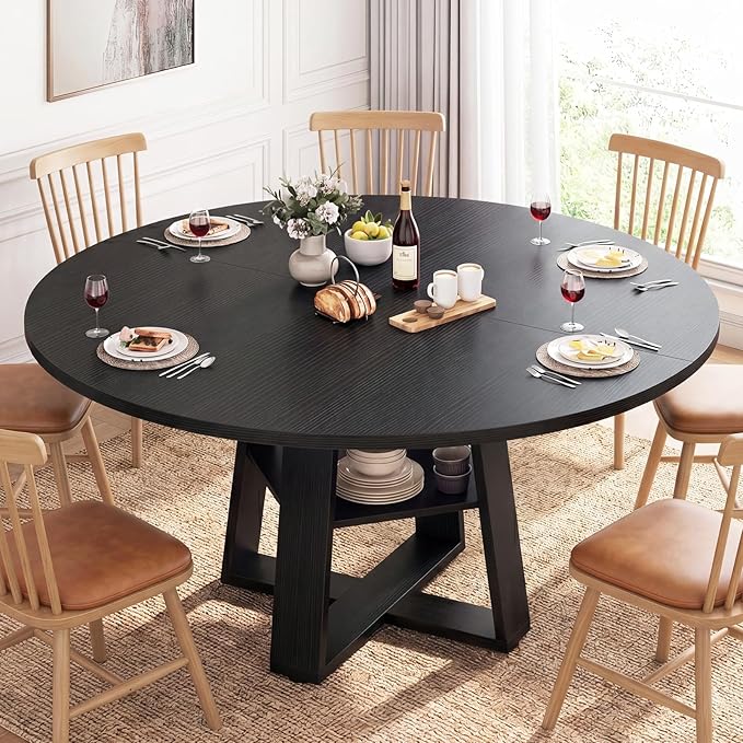 DUMOS Extendable Round Dining Table for 4-8, Modern Kitchen Oval Dinner Table with Storage Shelf, Wood Pedestal Table, Space Saving Modern Style, Black