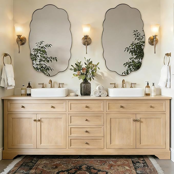 ANDY STAR Brushed Gold Oval Bathroom Mirror, 24x40 Inch Modern Wavy Scalloped Wall Mirror, Anti-Rust Brass Metal Mirror for Bathroom Hang Vertical or Horizontal