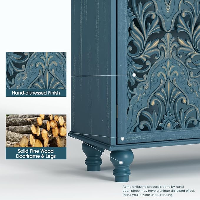 47" Tall Accent Cabinet with Navy Blue Mandala Carved Doors, Solid Wood Legs Storage Cabinet with 100 lbs Capacity, Boho Farmhouse Sideboard Buffet for Entryway, Living Room & Coffee Bar