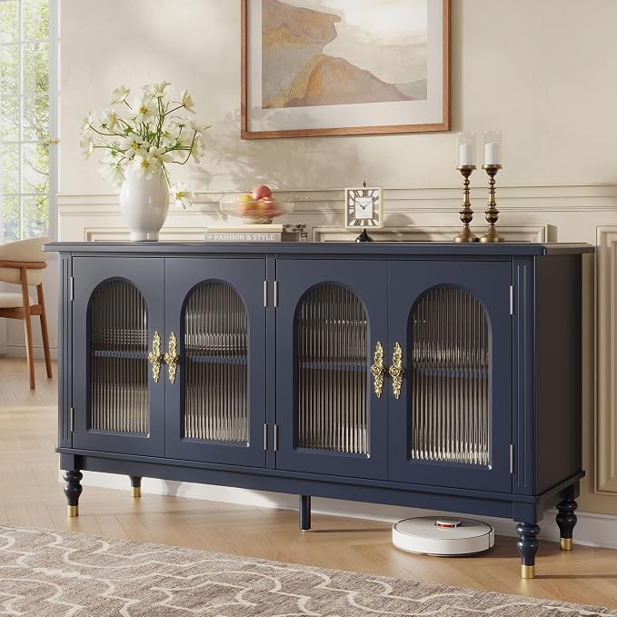 iPormis Fluted Arched Buffet Cabinet with Storage, 59" Vintage Sideboard with Glass Door & Adjustable Shelves, Mid Century Modern Solid Wood Credenza Accent Cabinet for Living Room, Entryway, Blue