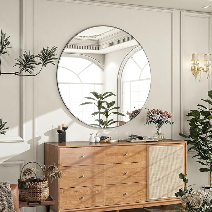 Round Mirror Wall Mounted Mirror - 30" Circle Mirror Bathroom Vanity Mirror with Aluminum Frame for Bedroom Living Room, Entryway Decor Black Mirror