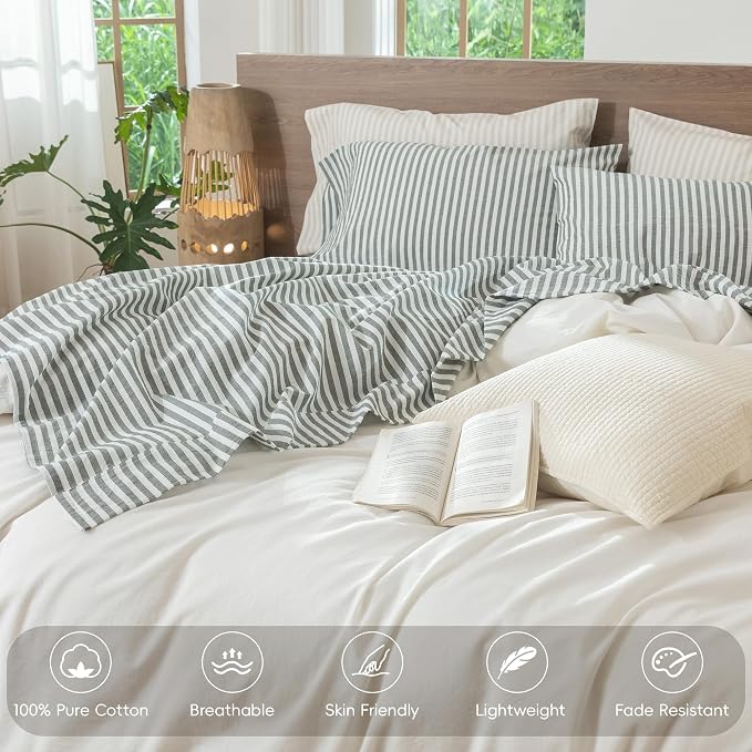 MooMee Striped Sheet Set 100% Washed Cotton Linen Like Textured Breathable Durable Soft Comfy (Heathered Green Classic Stripes, King)
