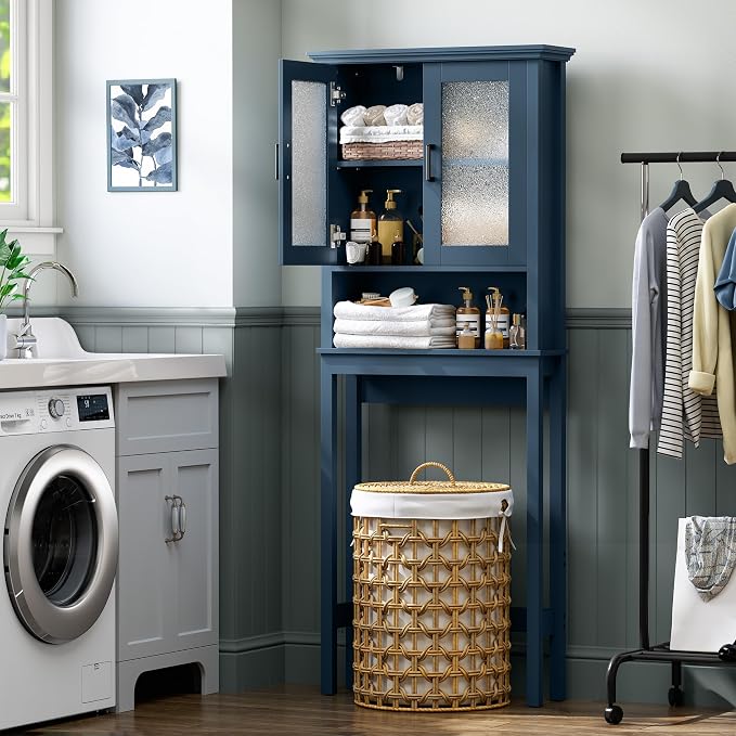 Over The Toilet Storage Cabinet, Over Toilet Storage Bathroom Cabinet with Glass Door and Adjustable Shelf, Above The Toilet Cabinet Behind Toilet Bathroom Organizer, Ultramarine