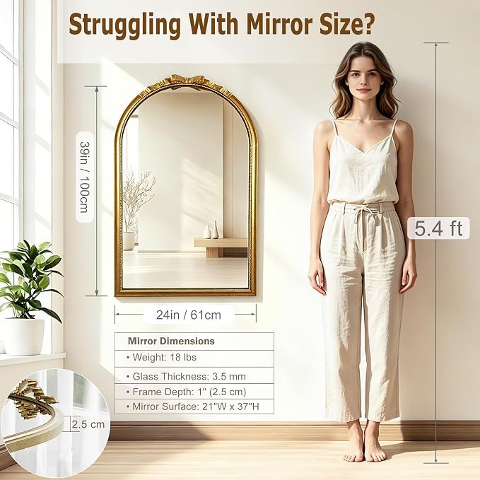 Vintage Gold Bow Arched Mirror 24"x39" - Large Elegant French Ribbon & Beaded Metal Frame Wall Mirror - Antique Baroque Decor Wall Mirror for Bedroom Dresser, Bathroom, Living Room