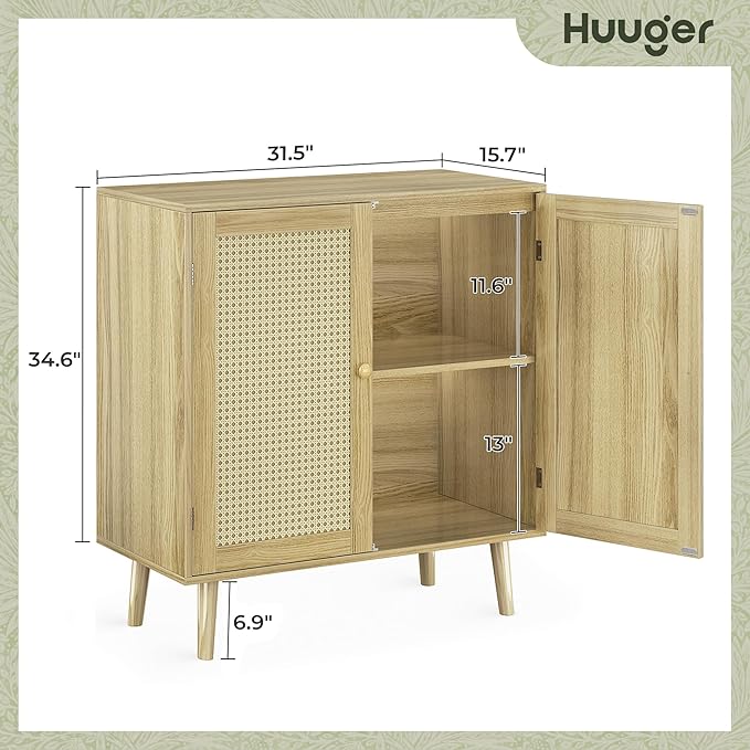 Huuger Buffet Cabinets with Storage, Set of 2, Storage Cabinets with Synthetic Rattan Doors, Accent Cabinet with Solid Wood Feet, Sideboard Cabinet for Hallway, Entry, Living Room, Natural