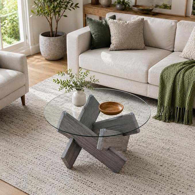 Round Glass Top Coffee Tables, 33.4 Inch Gray Coffee Table with Crossed Legs, Modern Mid Century Round Coffee Tables for Living Room, Circle Glass Coffee Tables for Living Room