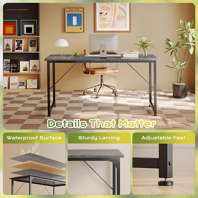 PRAISUN 55 Inch Computer Desk, Home Office Desk with Spacious Desktop, Modern Gaming Desk, Writing Study Table for Bedroom, Small Spaces, Work from Home Desk with Metal Frame, Grey