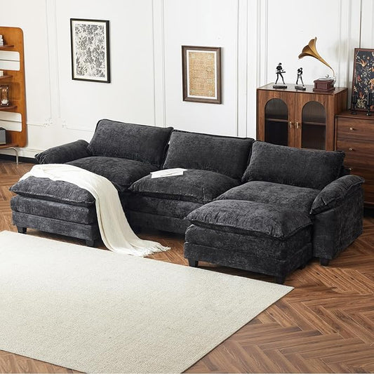 VINGLI 122" Cloud Double-Layer Deep Convertible Sectional Sofa, Comfy L-Shape 3-Seat Couches for Living Room, Modern Couch with Two Movable Ottoman for Small Space, Chenille Black