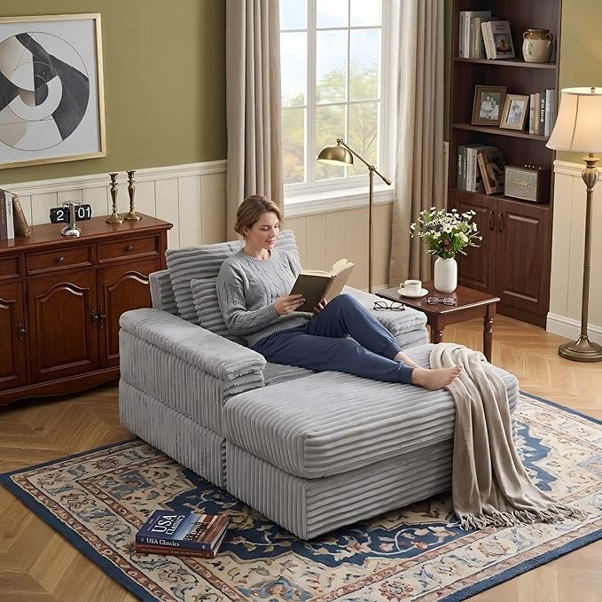 Eafurn 43.3" Oversized Accent Chaise Lounge Chair with Ottoman, Modern Corduroy Upholstered Convertible Recliner Armchair Sleeper Lounge Chair with Wood Frame for Living Room Apartment