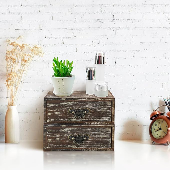 OKSQW Office Desk Organizer Drawers Dark Brown Vintage 2pcs/set Small Wood Desktop Storage Box Farmhouse Kitchen Countertop Organizer Makeup Storage Box for Workspace Home Toiletries Supplies Vanity