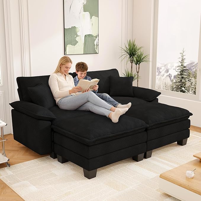 Modular Sectional Sofa Cloud Couch, Comfy Corduroy Loveseat with Ottoman Upholstered Deep Seat Sleeper Sofa Bed 2 Seater Couch Oversized Chaise Lounge Chair Indoor for Living Room Bedroom, Black