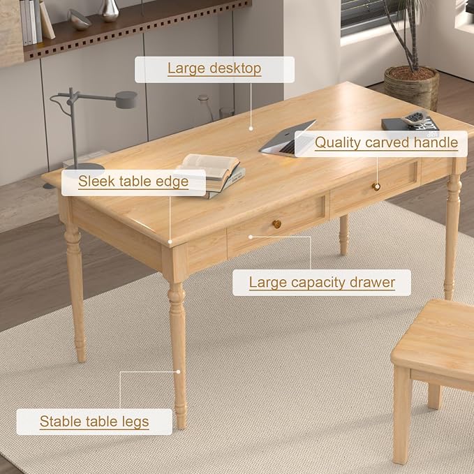 Solid Wood French Country Desk,Writing Desk with Storage Drawers,Farmhouse Computer Table Makeup Table Modern Simple Style,for Home Office Living Room Study Workspace Bedroom (Wood, 47.2IN)