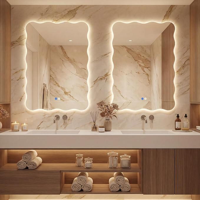 Wavy Led Bathroom Mirror- Vanity Mirror with Lights IP54 Enhanced Anti-Fog, 20"x30" Single Piece 3 Colors Dimmable, Memory,Tempered Glass,UL Listed