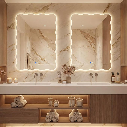 Wavy Led Bathroom Mirror- Vanity Mirror with Lights IP54 Enhanced Anti-Fog, 20"x30" Single Piece 3 Colors Dimmable, Memory,Tempered Glass,UL Listed