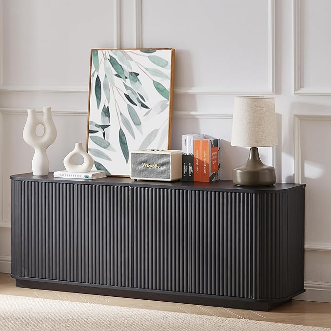 LKTART 64" Sideboard Buffet Cabinet with Storage, Wooden Fluted Storage Cabinet Sideboard Credenza with Adjustable Shelves Pressed Spring for Kitchen Living Room (Black)