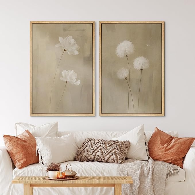 IDEA4WALL Framed Canvas Print Wall Art Set Neutral Floral with White Flowers and Dandelions Illustrations Modern Art Decorative Bohemian Calm/Zen for Living Room, Bedroom, Office - 16"x24"x2 Natural