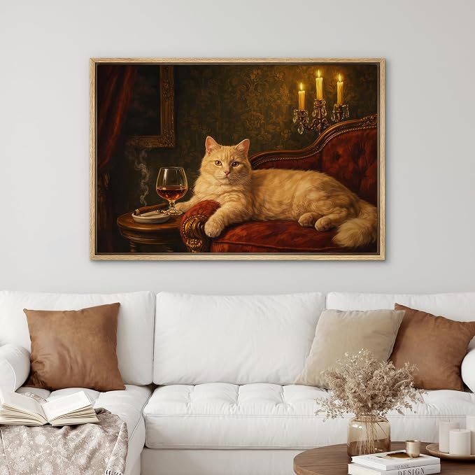 SIGNWIN Framed Canvas Print Wall Art Elegant Cat with Wine and Candlelight Vintage Classic Interior Rustic Landscape Relax/Calm for Living Room, Bedroom, Office - 16"x24" Natural