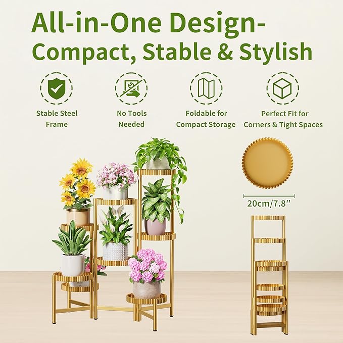 Stand Plants, 8 Tier Metal Tiered Plant Stands Indoor, Corner Flodable Plant Stand Outdoor Planter Flower Pot for Multiple Plants, Floding Display Racks for Patio Porch Balcony -GoldFloroma