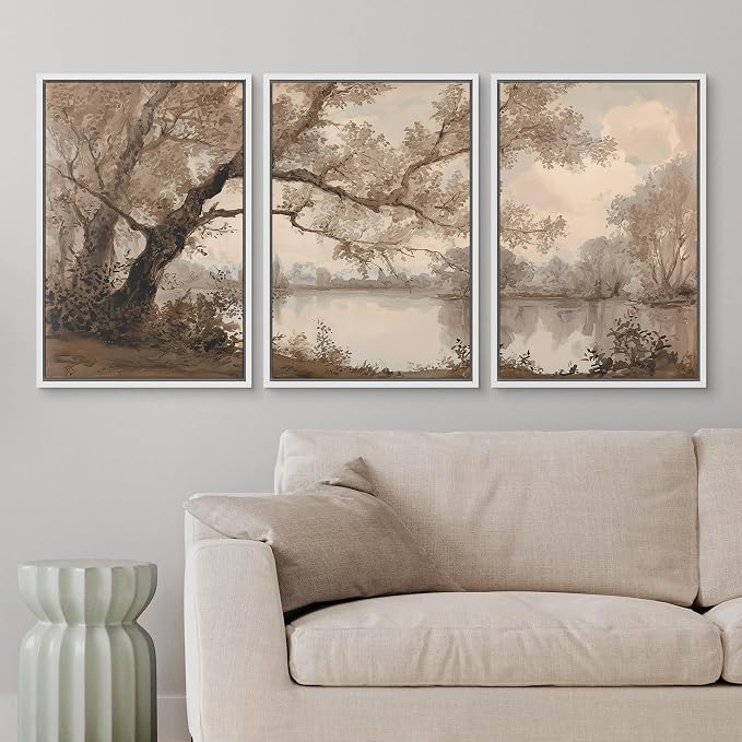 wall26 Framed Print Wall Art Set Sepia Watercolor Lakeside Tree Landscape Decorative Minimal Relax/Zen for Living Room, Bedroom, Office - 24"x36"x3 White