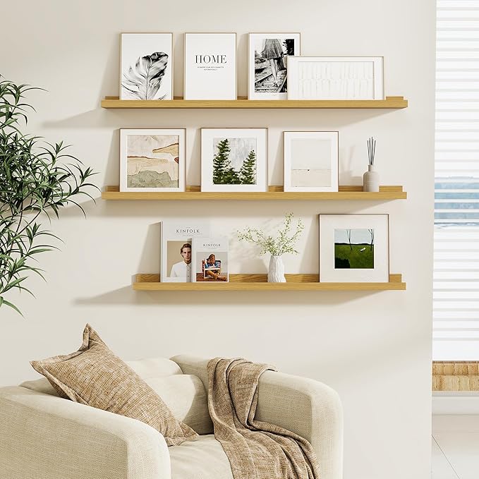 Fun Memories Picture Ledge Shelf, Floating Shelves Set of 4, 24 Inch Picture Shelves for Wall with Ledge, Large Nursery Book Shelf for Toys Storage, Living Room, Bedroom Decor Frames, Oak