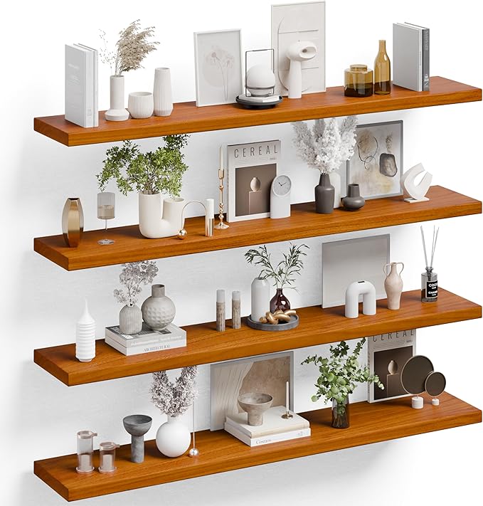 IEO Long Wooden Floating Shelves for Room Wall, Natural Wood Floating Shelves Wall Mounted Kitchen Shelf for Living Room, Bedroom, Kitchen,Bathroom, Storage (Honey Oak, 48in 4tier)