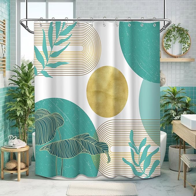 Teal Blue and Gold Shower Curtain Turquoise Aqua and White Shower Curtains for Bathroom Decor Boho Mid Century Bath Curtain Set, Waterproof Fabric with Hooks 60 x 72 Inch
